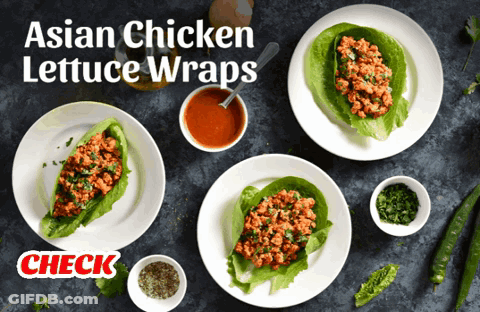 Three Plates Of Asian Chicken Lettuce Wraps On A Table With Sauces GIF