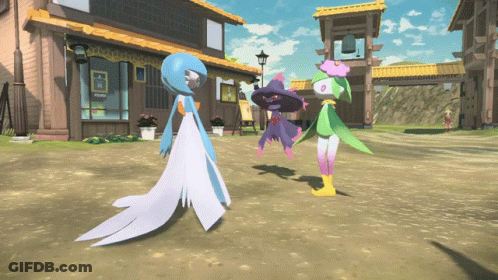 Three Pokemon Are Standing In Front Of A Building GIF
