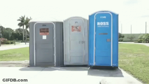 Three Portable Toilets Lined Up One Says Ross GIF