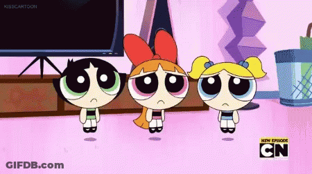Three Powerpuff Girls Standing On Pink Floor GIF