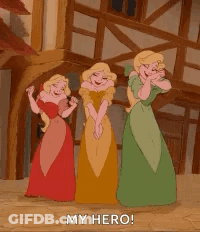 Three Princesses From Beauty And The Beast Are Standing Next To Each Other In Front Of A Wooden Building . GIF