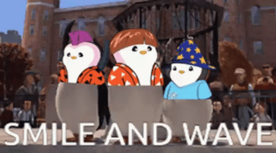Three Pudgy Penguins Smile And Wave GIF