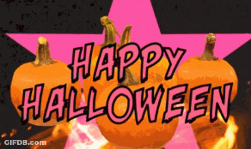 Three Pumpkins In Front Of Pink Star Saying Happy Halloween GIF
