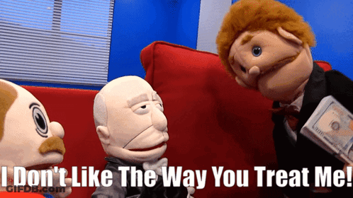 Three Puppets Are Sitting On A Red Couch With The Words " I Don 'T Like The Way You Treat Me " GIF