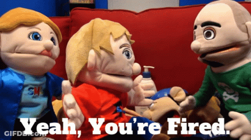 Three Puppets Are Sitting On A Red Couch With The Words Yeah You 'Re Fired Above Them GIF