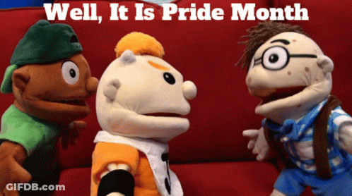 Three Puppets With Pride Month Text GIF