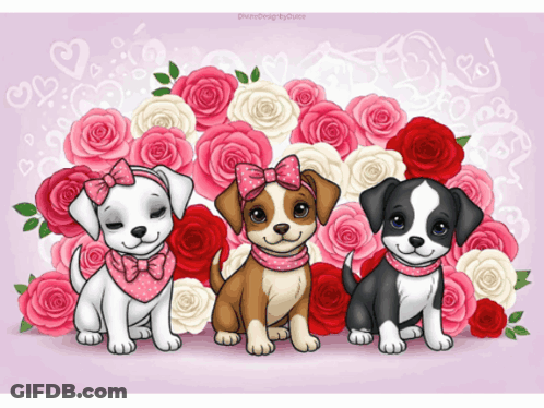 Three Puppies With Bows On Their Heads Are Sitting In Front Of Roses GIF