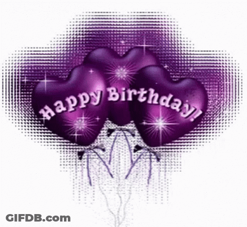Three Purple Heart Shaped Balloons With The Words `` Happy Birthday '' Written On Them GIF