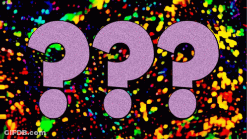 Three Purple Question Marks On A Black Background With Colorful Spots GIF