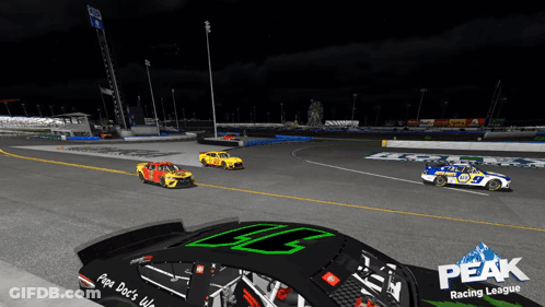 Three Race Cars Are On A Track With The Words Peak Racing League On The Side GIF