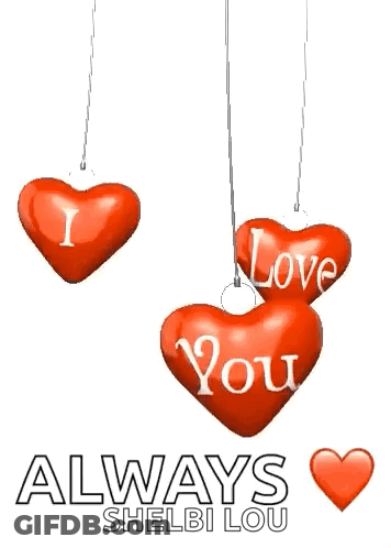 Three Red Hearts Hanging From A String With The Words I Love You Written On Them GIF
