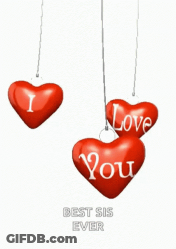Three Red Hearts Saying I Love You Hanging From String GIF