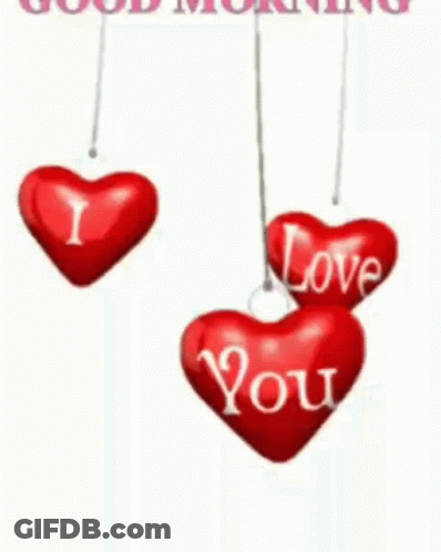 Three Red Hearts That Say I Love You Hanging From A String GIF