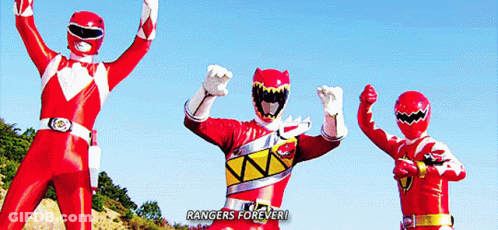 Three Red Power Rangers With Arms Raised Rangers Forever GIF