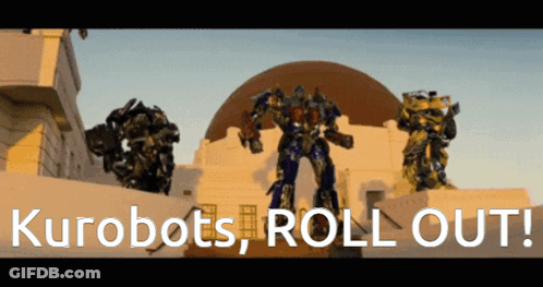 Three Robots In Front Of Building Kurobots Roll Out GIF