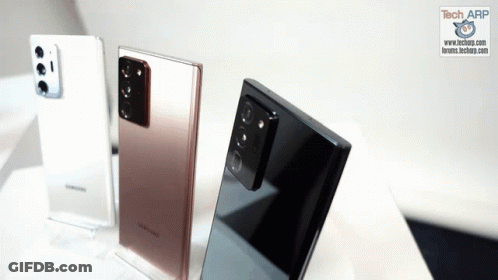 Three Samsung Phones Are Displayed On A Table With A Tech Arp Logo In The Corner GIF