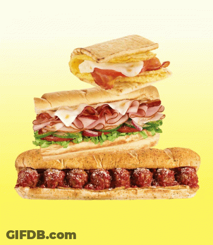 Three Sandwiches Are Stacked On Top Of Each Other Including Meatballs And Eggs GIF