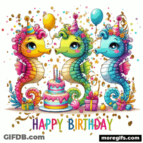 Three Seahorses Are Celebrating Their Birthday With A Cake And Presents GIF