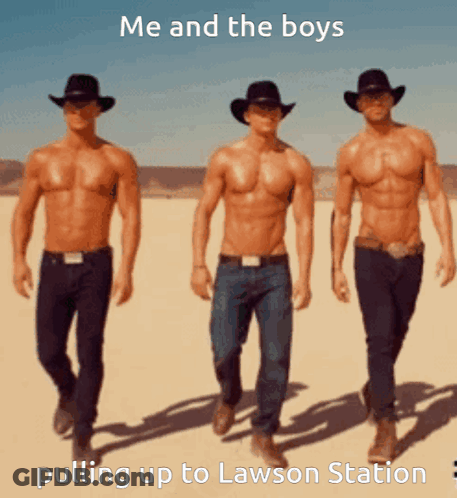 Three Shirtless Men In Cowboy Hats Walking In Desert GIF