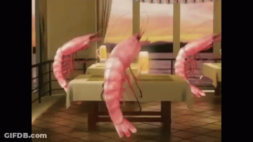 Three Shrimp Dancing Around Table GIF