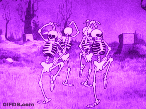 Three Skeletons Are Dancing In A Cemetery In A Purple Background GIF