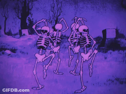 Three Skeletons Are Dancing In A Cemetery In A Purple Background . GIF