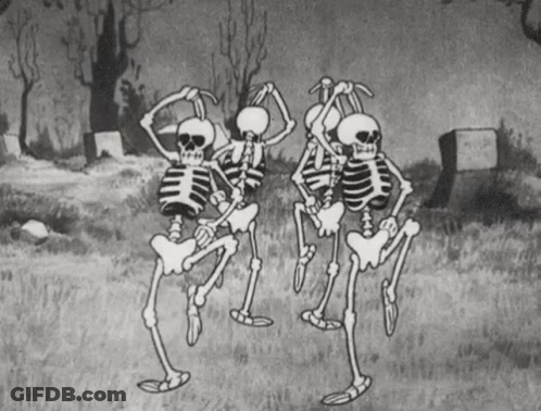 Three Skeletons Are Dancing In A Cemetery In Black And White GIF
