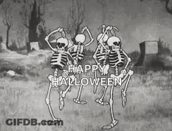 Three Skeletons Are Dancing In A Cemetery With The Words `` Happy Halloween '' . GIF