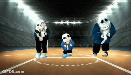 Three Skeletons Are Dancing On A Basketball Court In Front Of A Crowd GIF