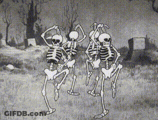 Three Skeletons Dancing In Cemetery Black And White Cartoon GIF