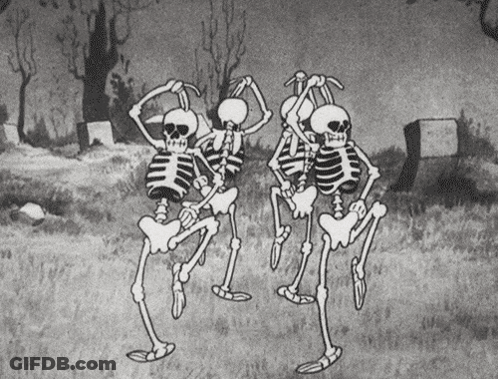 Three Skeletons Dancing In Cemetery GIF