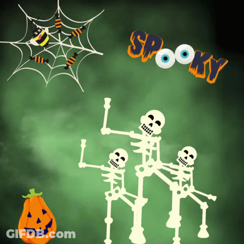 Three Skeletons Standing Next To Pumpkin And Spider Web Saying Spooky GIF
