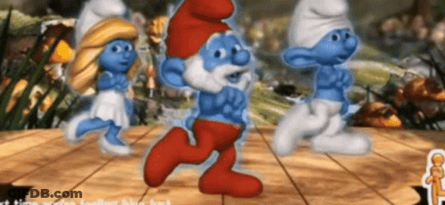 Three Smurfs Are Running On A Wooden Floor In A Video Game GIF