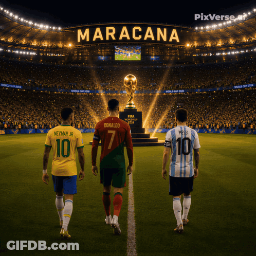 Three Soccer Players And Maracana Text GIF