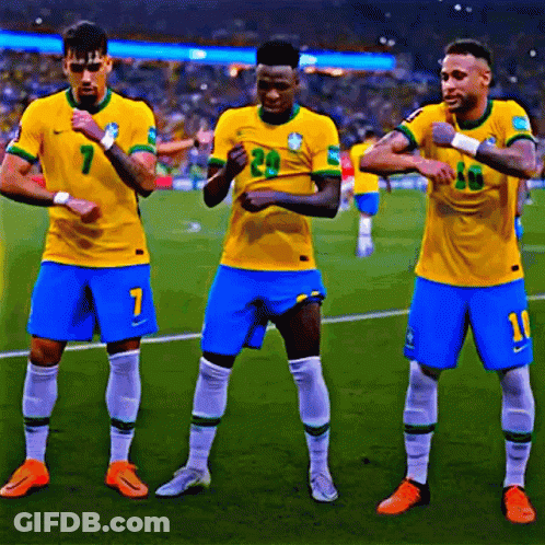 Three Soccer Players Are Standing On A Field With One Wearing The Number 7 GIF