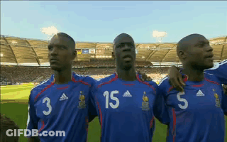 Three Soccer Players In Blue Jerseys Numbers 3 15 5 GIF