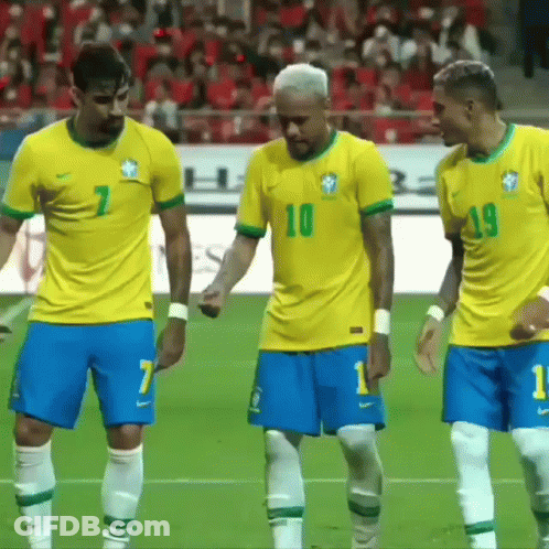 Three Soccer Players Wearing Yellow Jerseys With The Number 7 10 And 19 GIF