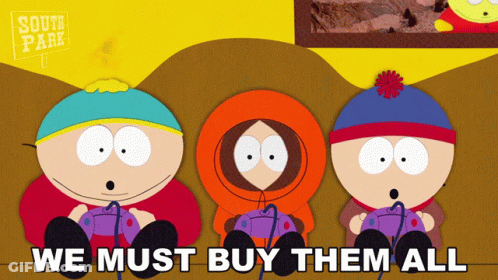 Three South Park Characters Are Playing A Video Game With The Words We Must Buy Them All Below Them GIF