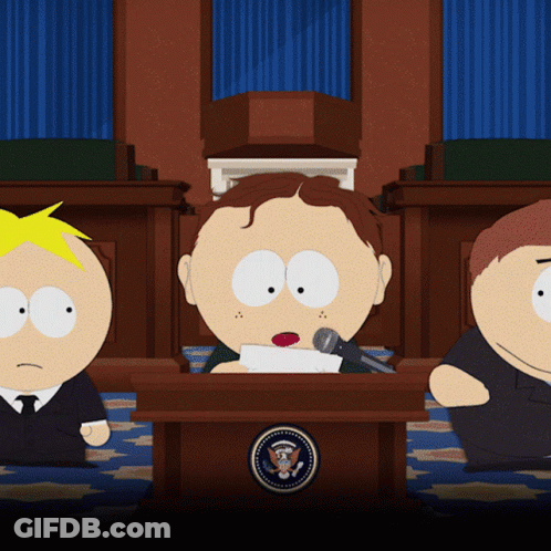 Three South Park Characters Are Sitting At A Podium With The Seal Of The President GIF