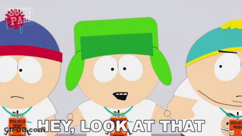 Three South Park Characters Are Standing Next To Each Other And One Of Them Is Wearing A Lanyard That Says Hey Look At T GIF