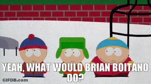 Three South Park Characters Are Standing Next To Each Other With The Words " What Would Brian Boitano Do " Written Above GIF