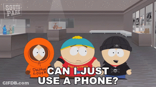 Three South Park Characters Asking To Use Phone In Museum GIF
