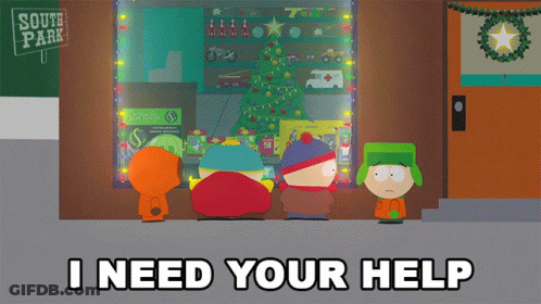 Three South Park Characters Standing In Front Of A Christmas Tree GIF