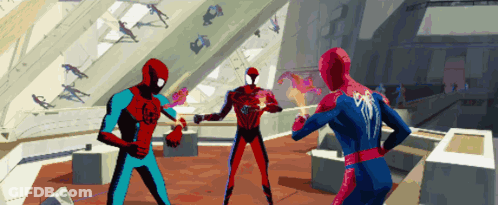 Three Spider-Man Are Standing In A Room And One Of Them Has A Spider-Man Logo On His Back GIF