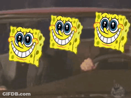 Three SpongeBob SquarePants Faces Hanging From Car Window GIF