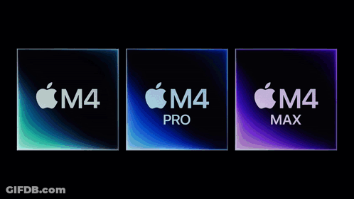 Three Squares With Apple Logos On Them And The Words M4 Pro And M4 Max GIF