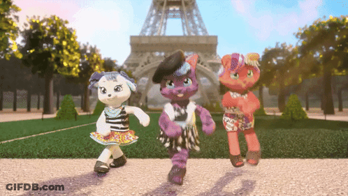 Three Stuffed Animals Are Dancing In Front Of A Eiffel Tower GIF