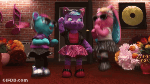 Three Stuffed Animals Are Dancing In Front Of A Record GIF