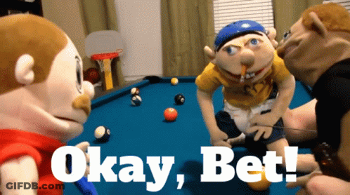 Three Stuffed Animals Are Sitting Around A Pool Table With The Words Okay Bet Below Them GIF