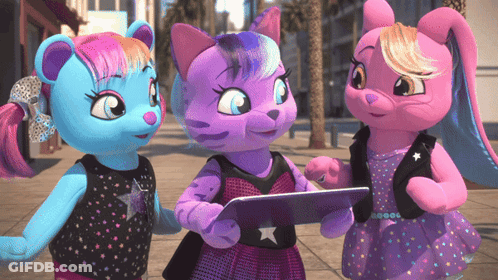 Three Stuffed Animals Are Standing Next To Each Other And One Is Holding A Tablet With A Star On It GIF